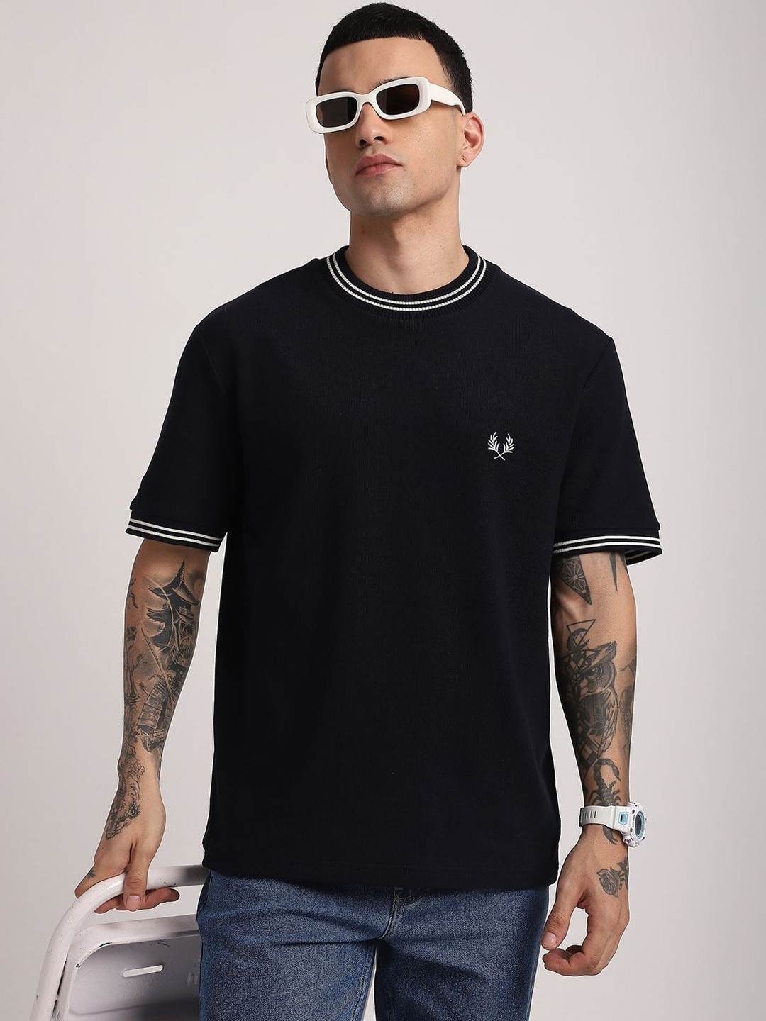 R&B Brand Logo Drop-Shoulder Sleeves Cotton T-shirt
