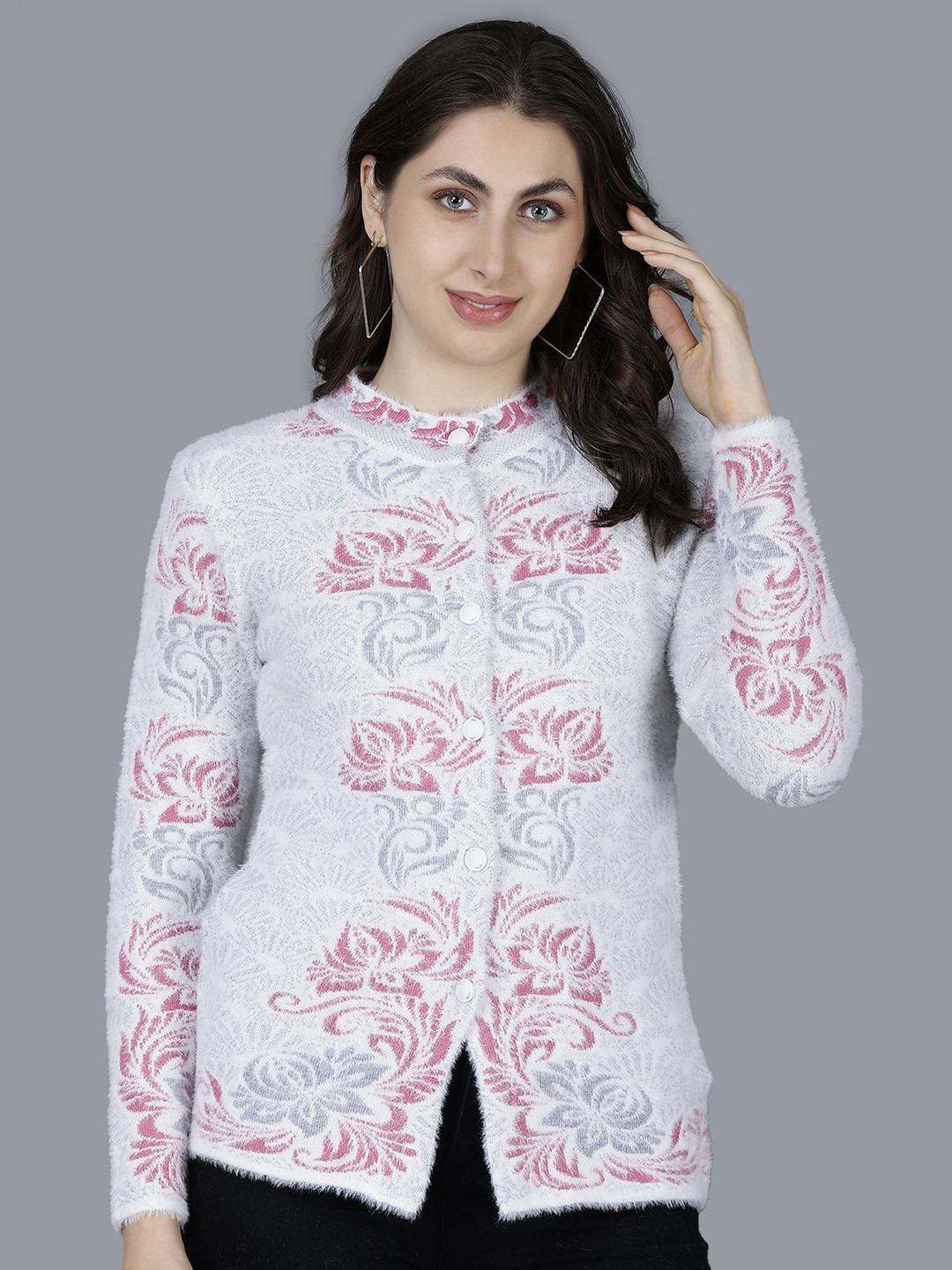 Chatanya Women Ethnic Motifs Fuzzy Woollen Cardigan