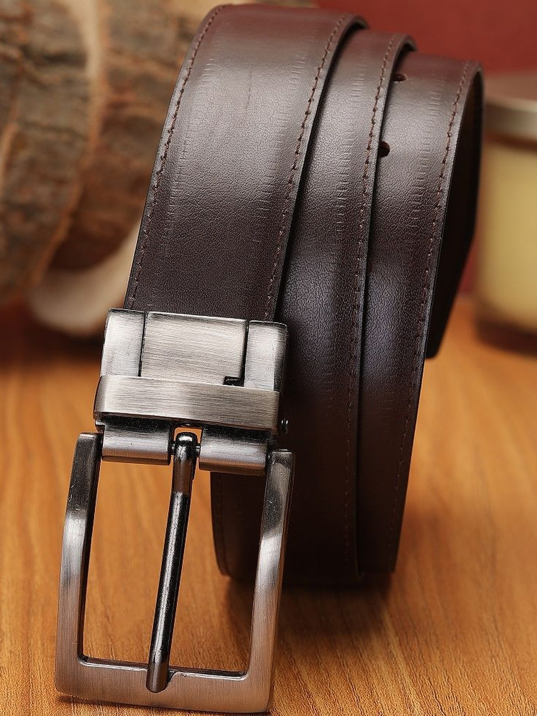 Roadster Men Brown And Black Solid Leather Push Pin Reversible Belt