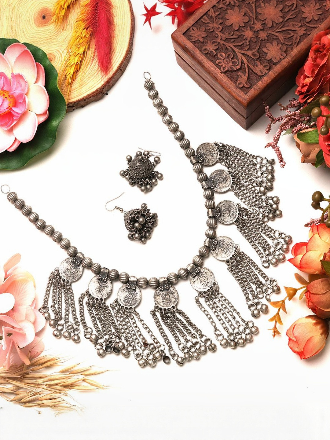 VEDAJ Women Oxidized Silver-Plated Antique Jewellery Set