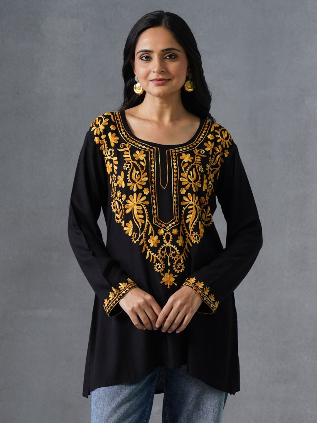 Kashmir Box Kashmiri Aari Embroidered Black Yellow Floral V-Neck Rayon Short Kurti