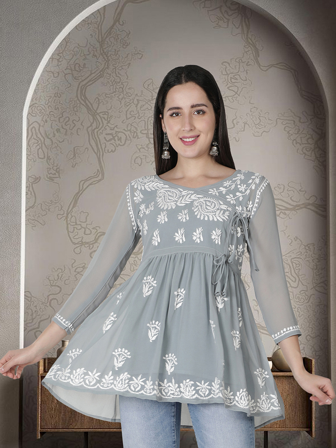 Seva Chikan Ethnic Motifs Chikankari Embroidered Angrakha A line Kurti With Slip