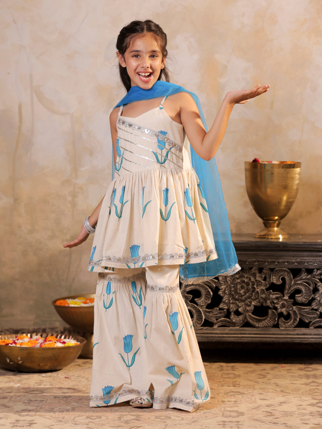 SHORGUL Girls Floral Printed Cotton Anarkali Kurti with Sharara & Dupatta