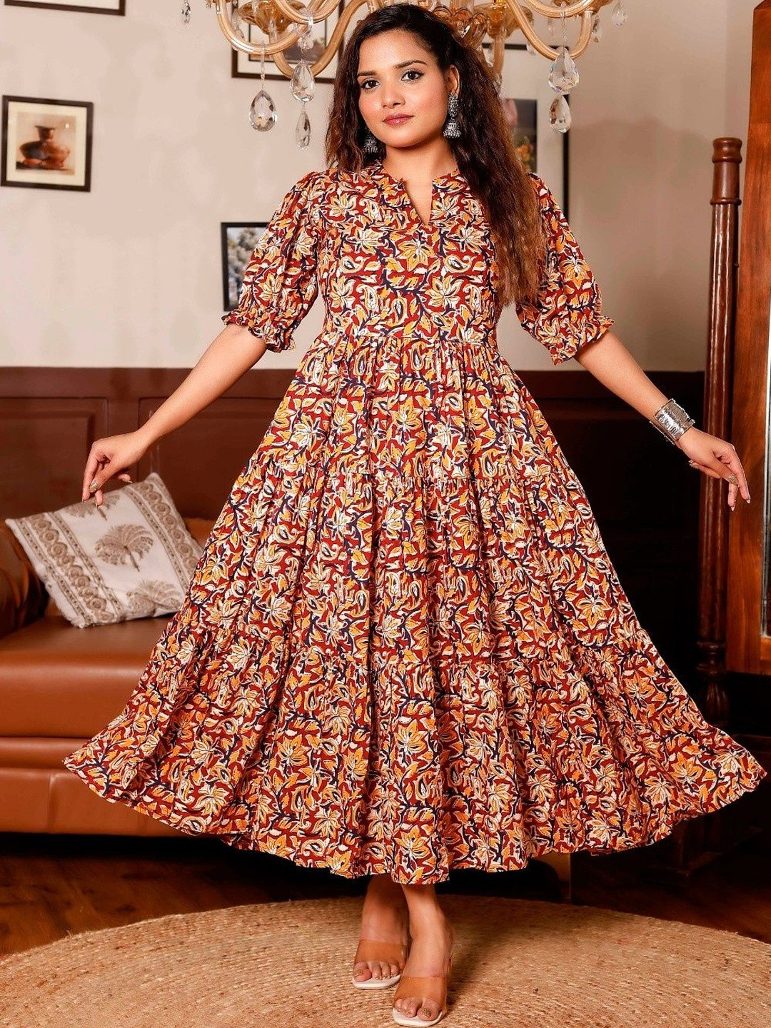 PRESHA Women Floral Printed Tiered Fit & Flare Maxi Dress