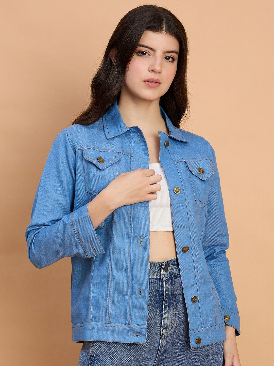 QIOA Spread Collar Lightweight Utility Pockets Denim Jacket