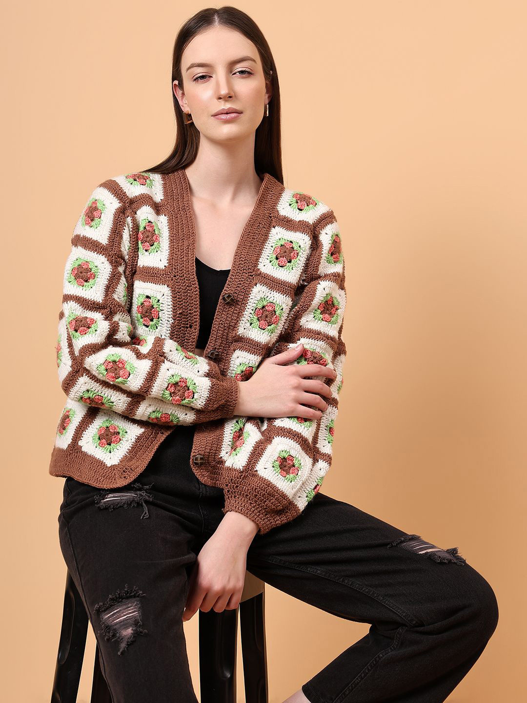 Velvery Brown Floral V-Neck Long Sleeves Cardigan