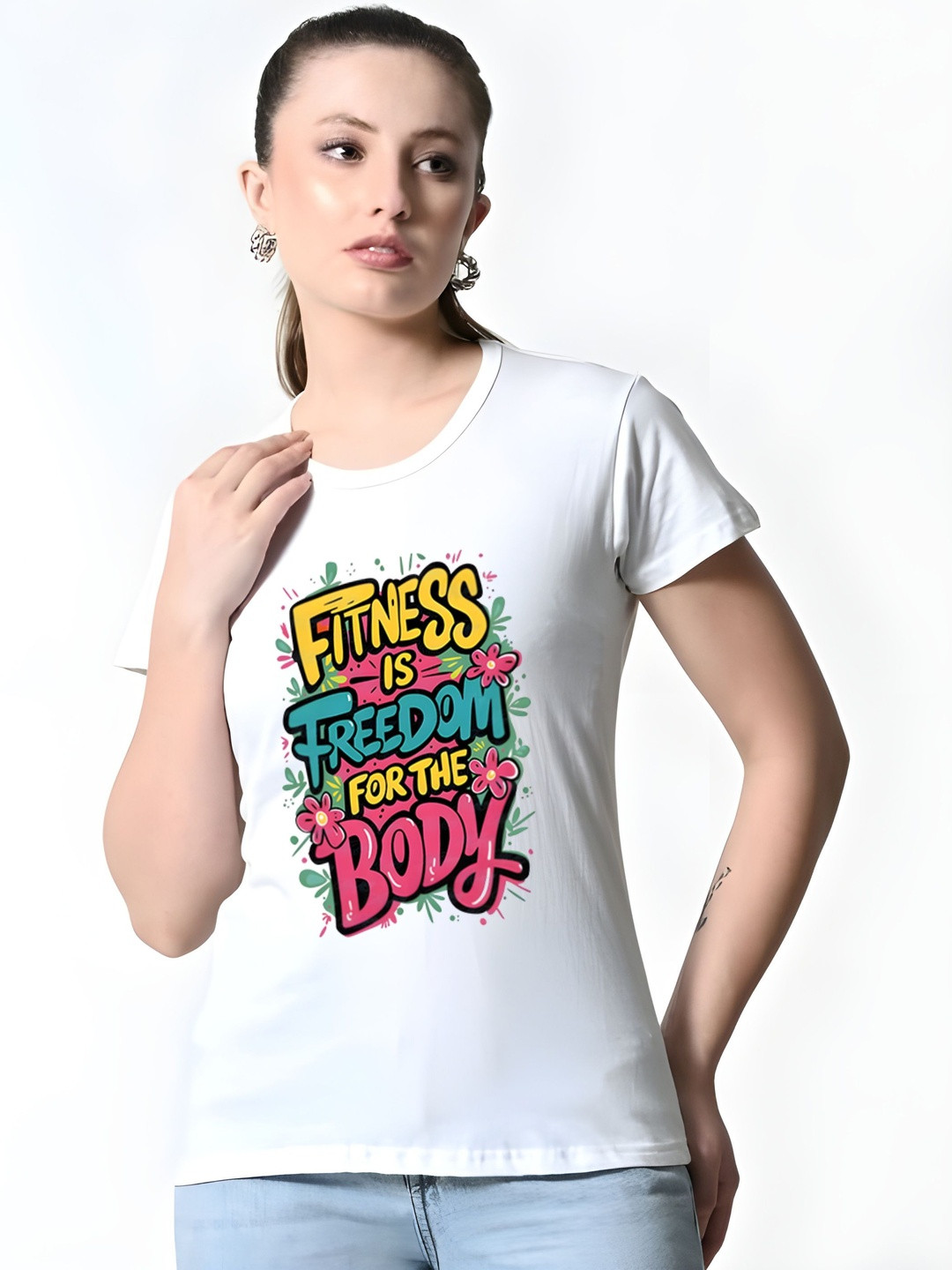 White Typography Printed Round Neck Regular Fit T-shirt