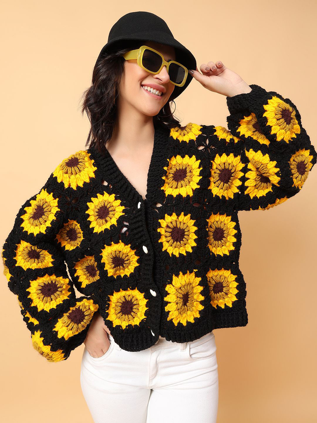 Velvery Women Sunflower Printed V-Neck Oversized Cardigan