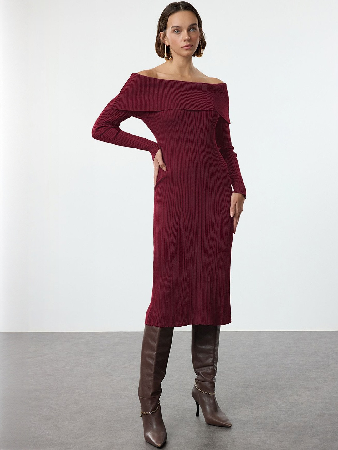 Trendyol Bordo Women Off-Shoulder Sheath Midi Dress