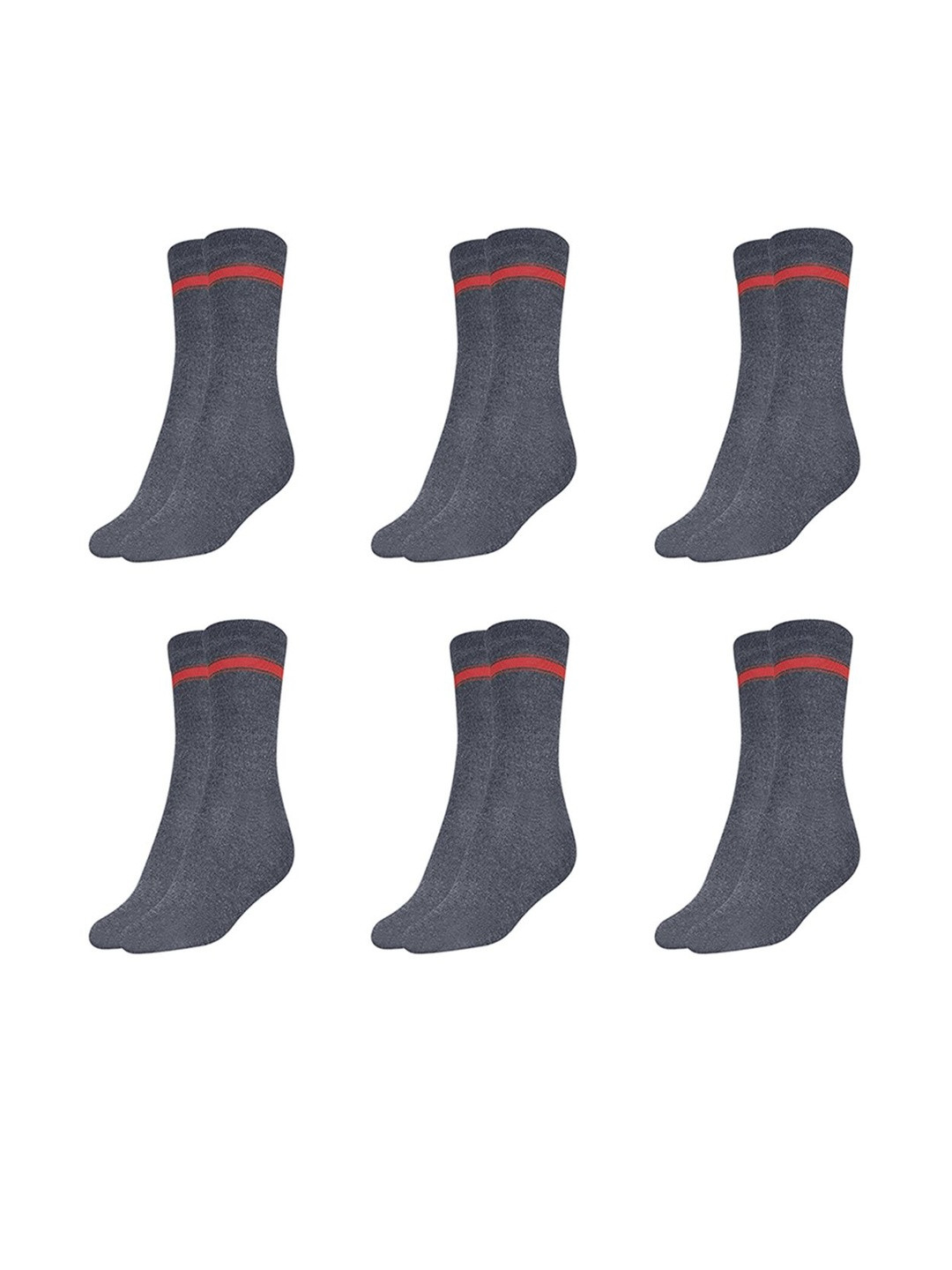 MUKHAKSH Boys Set Of 6 Grey With Red Stripes Calf Length Cotton Socks