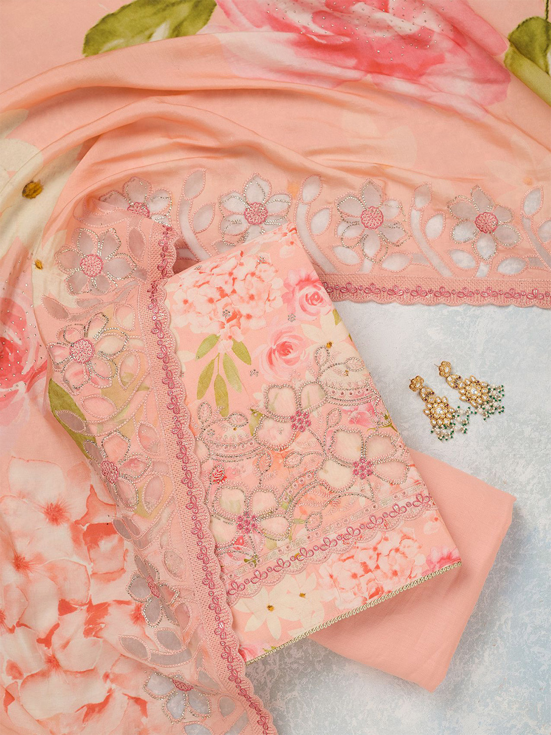 Koskii Floral Printed Stonework Unstitched Dress Material