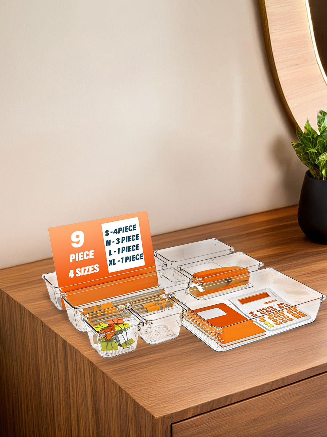 Aura Transparent 9 Pieces Multi-Purpose Desk Drawer Storage Organizer Set