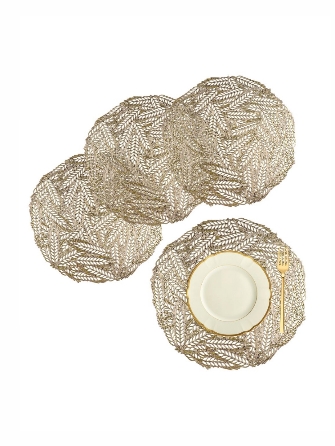 Aura Gold-Toned 4 Pieces Leaf-Designed Leather Non-Slip Heat-Resistant Table Placemats