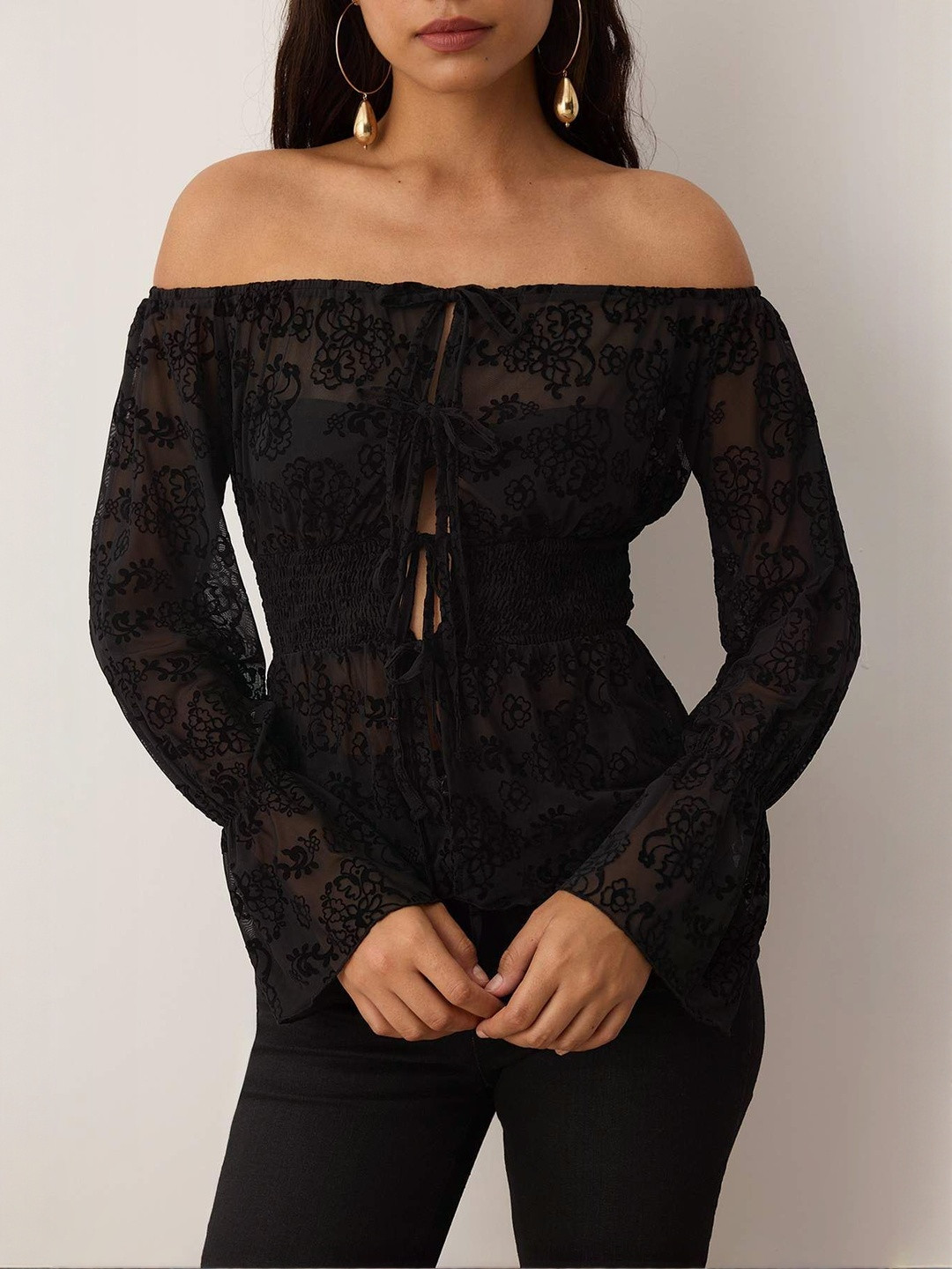 Trendyol Women Floral Off-Shoulder Flared Sleeve Regular Top