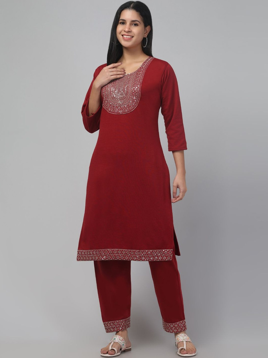 Trend Level Women Maroon Pure Wool Kurta with Trousers