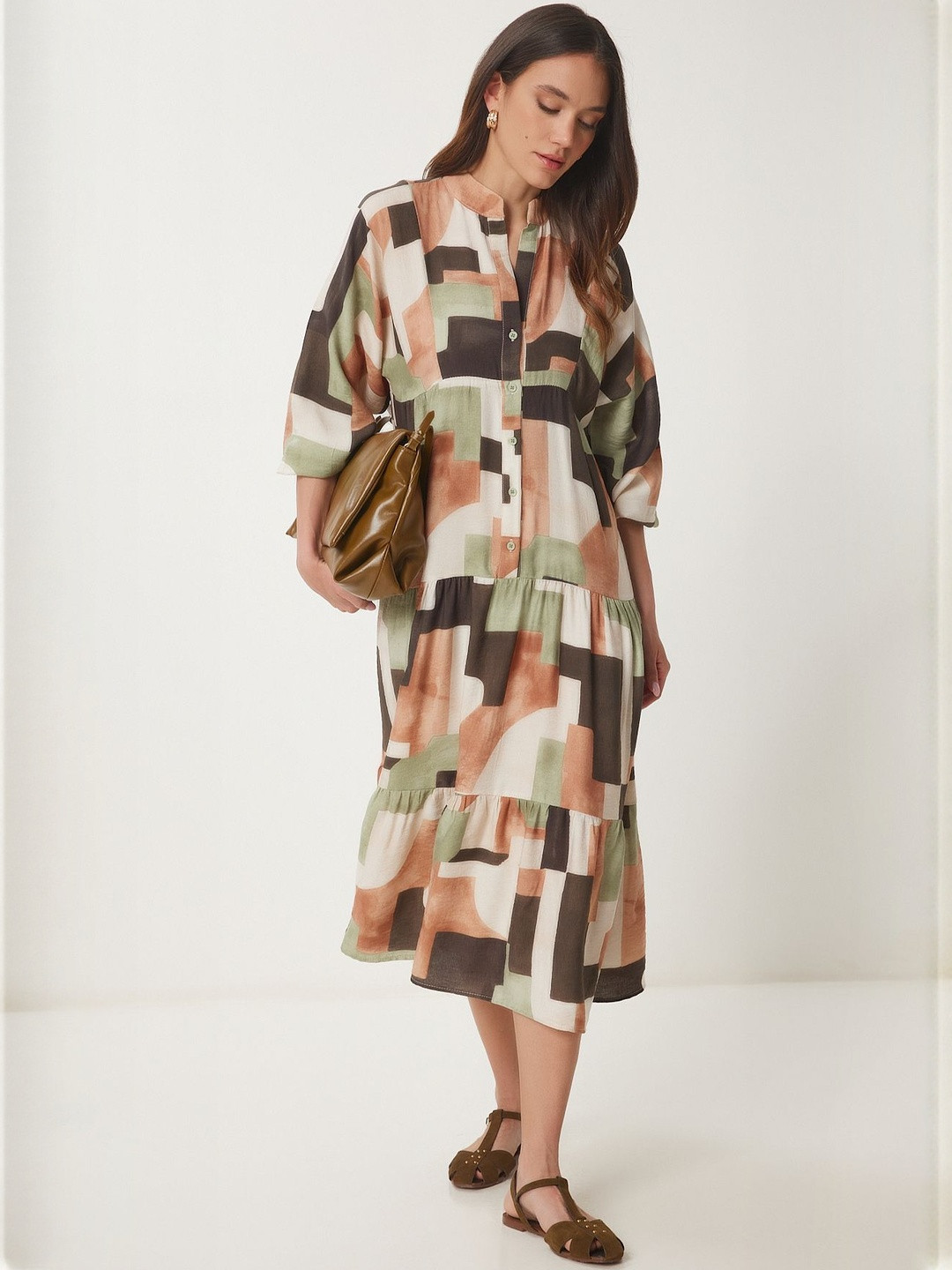 Happiness istanbul Krem Kahverengi Women Mandarin Collar Tiered Printed A-Line Midi Dress