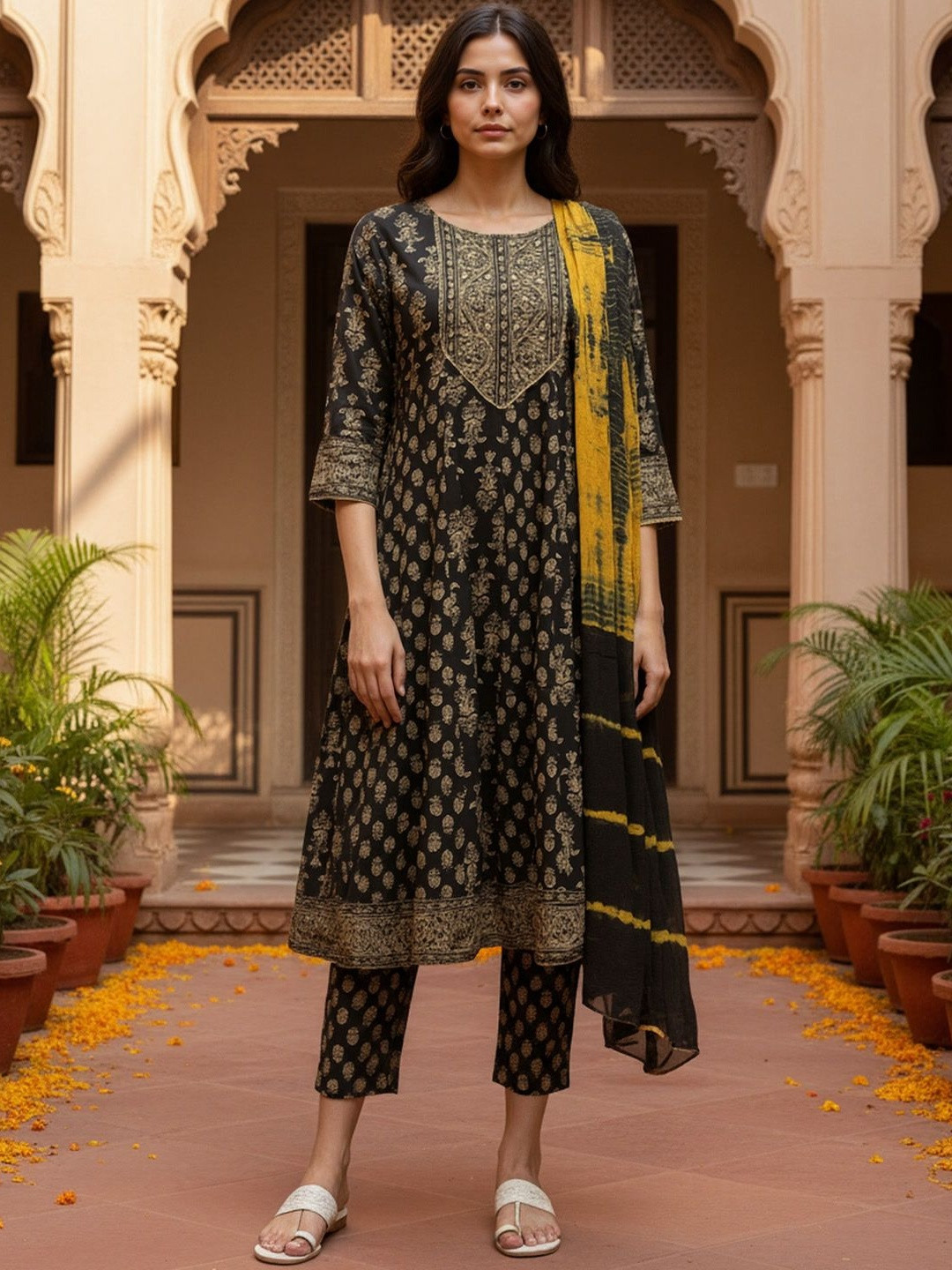 Rangita Women Embroidered Anarkali Calf Length Kurta with Pant and Dupatta