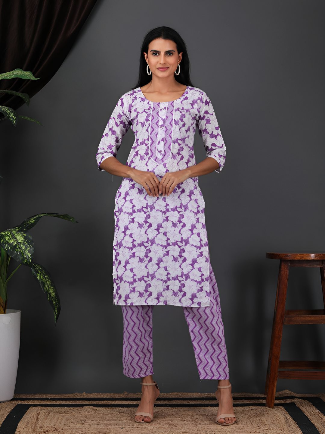 Sold For Style Women Floral Printed Cotton Kurta with Trousers