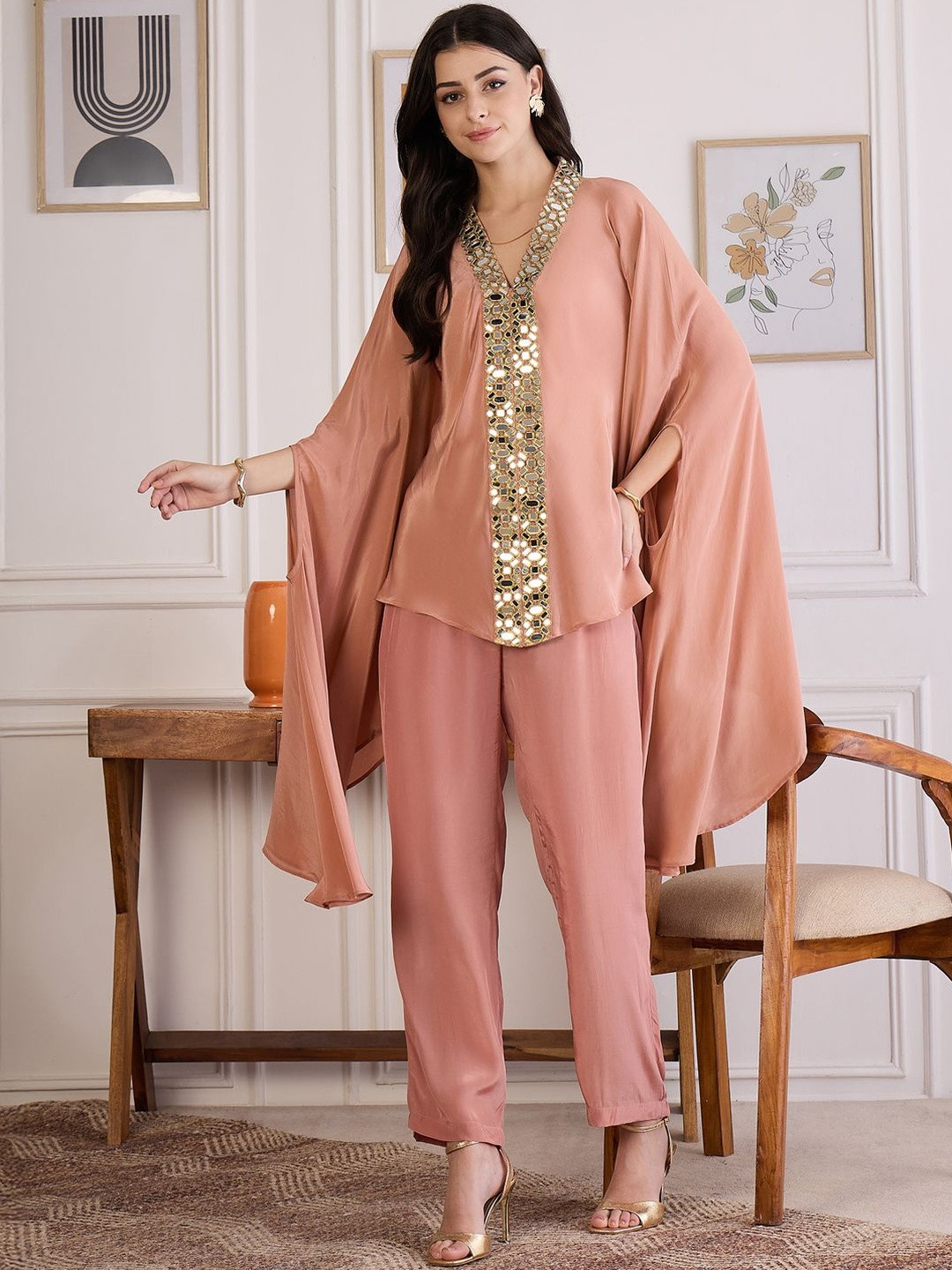 First Resort by Ramola Bachchan Embellished Batwing Sleeve Crepe Kaftan Top