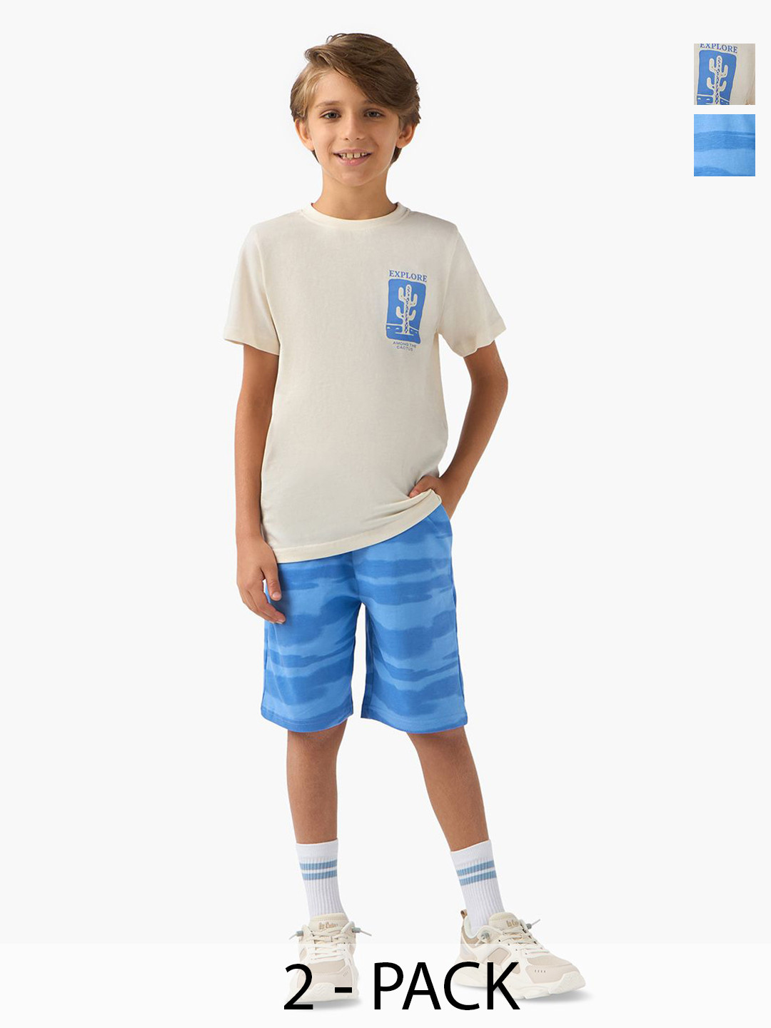 Juniors by Babyshop Boys Pack Of 2 Printed Short Sleeves Pure Cotton T-shirts and Shorts