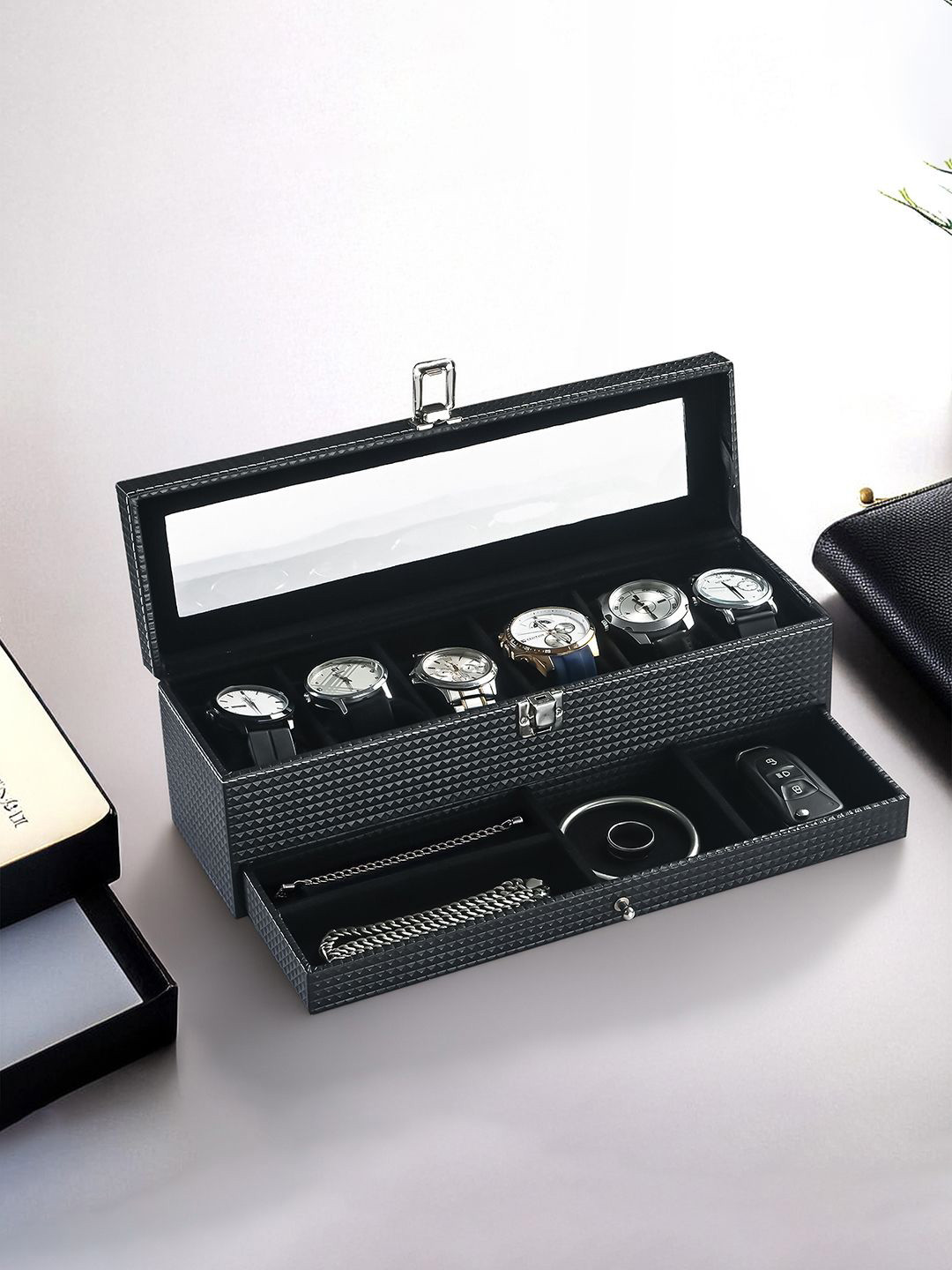 Kuber Industries Black & Transparent 6 Slots Wrist Watch Organiser