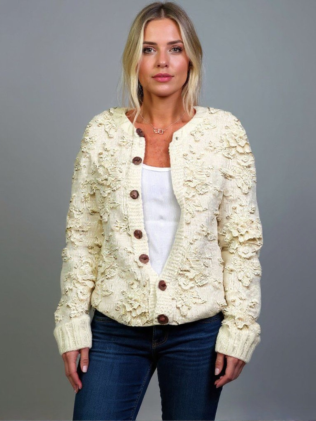 HERE&NOW Women Floral Applique Detail Button Closure Sweaters