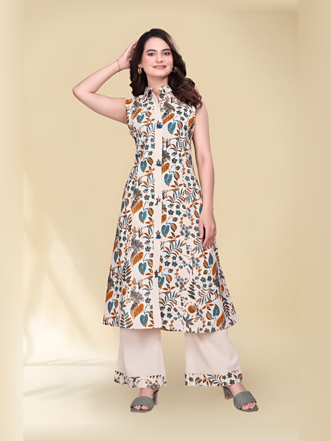 SWORNY FASHION Women Floral Printed High Slit Pure Cotton Kurta with Palazzos