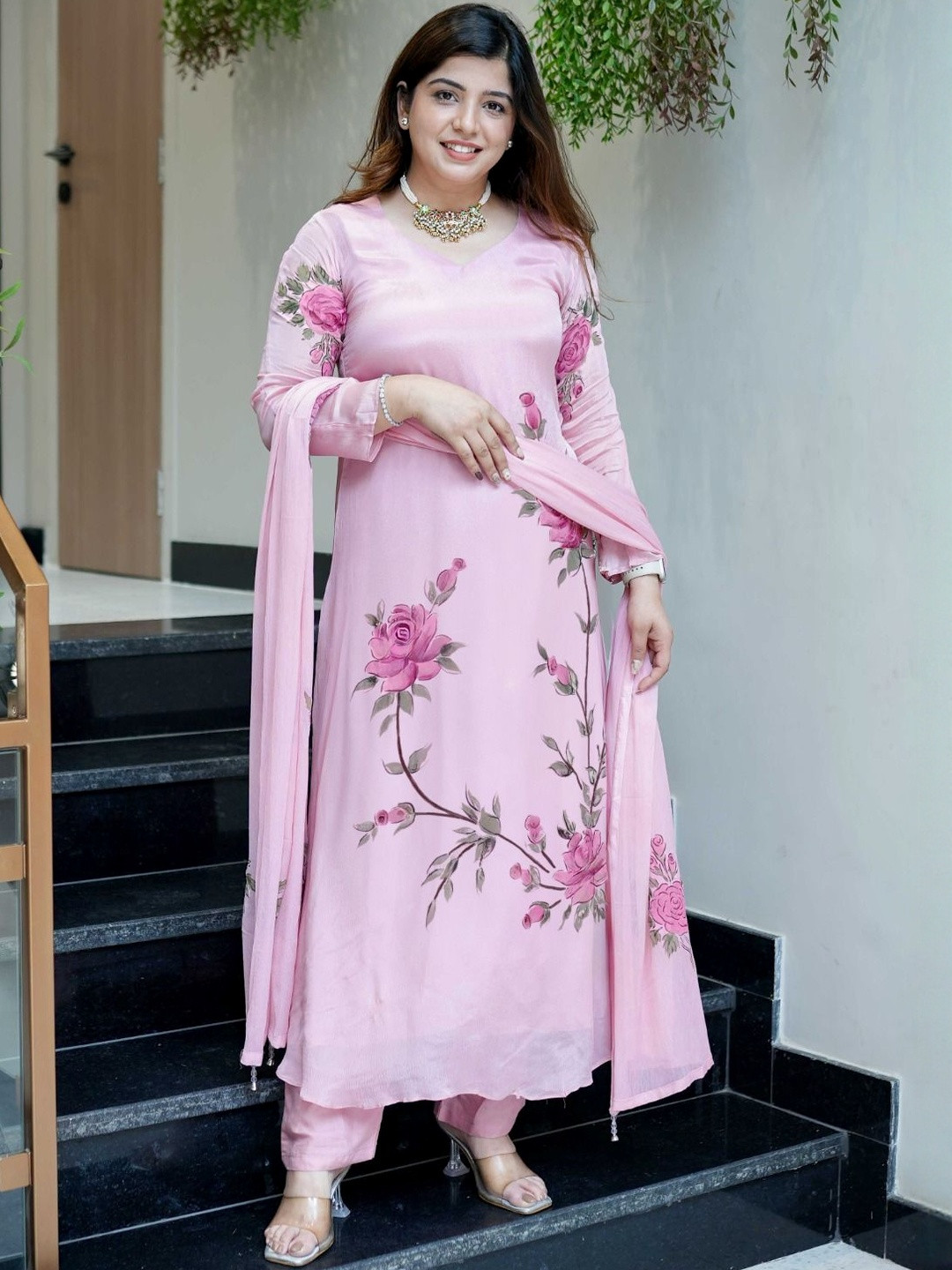 J.KANJI Women Floral Printed A-Line Kurta with Trousers & Dupatta