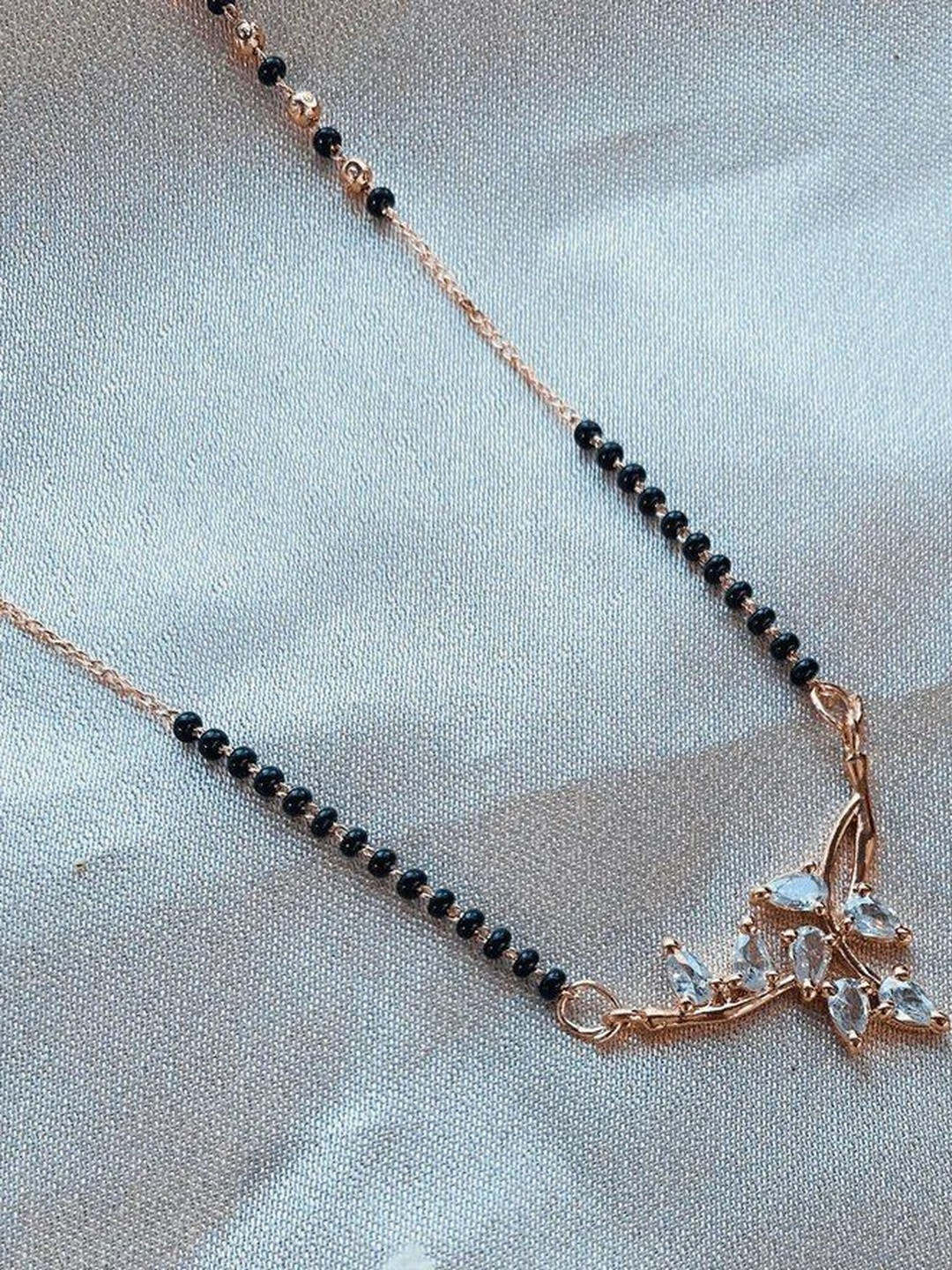 Anouk Gold-Plated Leaf Design Black Bead Mangalsutra