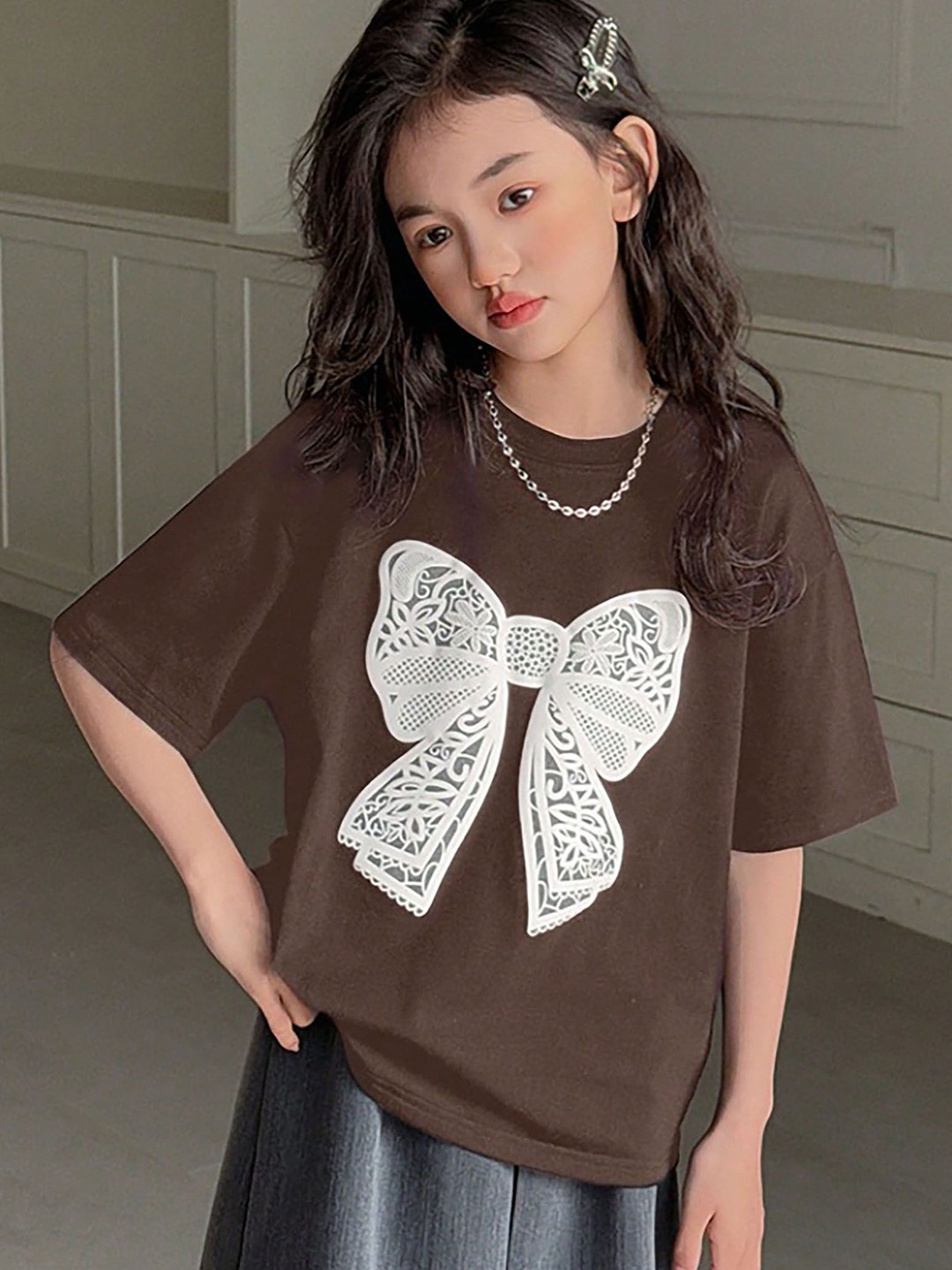 BRIEF CHICKADE Girls Bow Print Printed Round Neck Cotton Relaxed Fit T-shirt