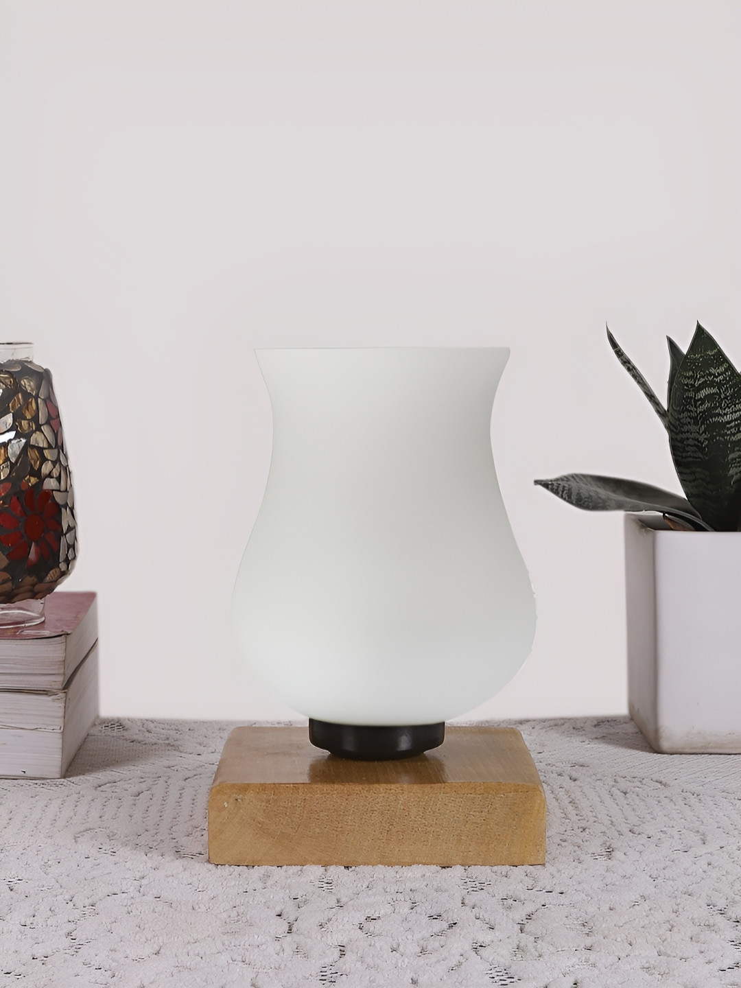 Aura White & Black Wooden Bell Shaped Table Lamp With Square Base