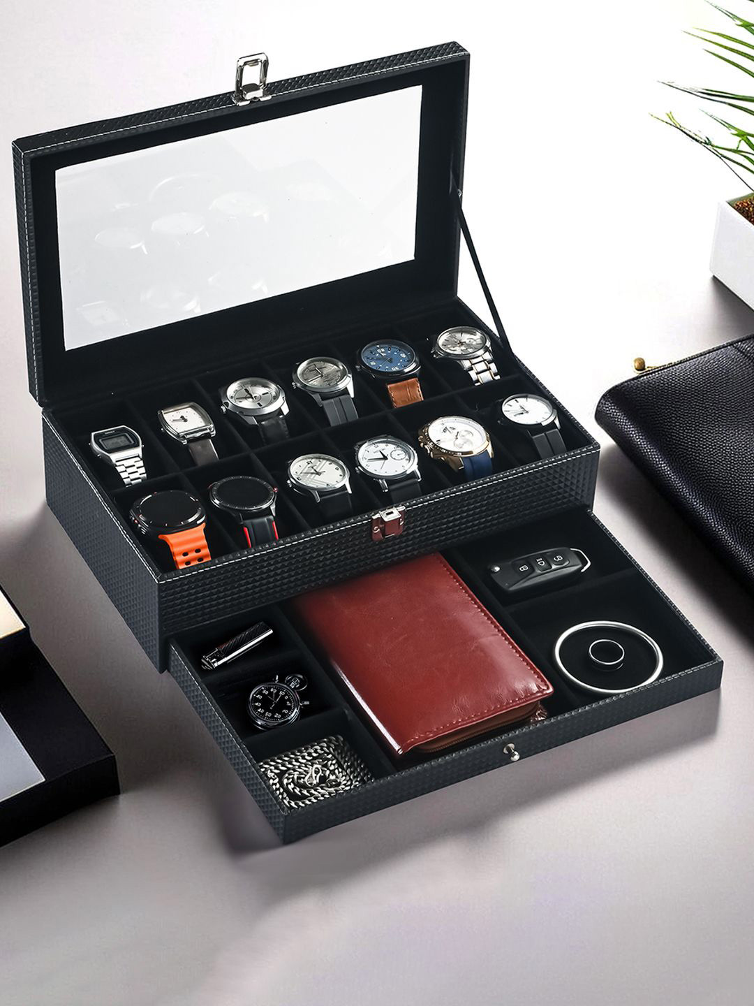 Kuber Industries Black & Transparent 12 Slots Wrist Watch Organiser