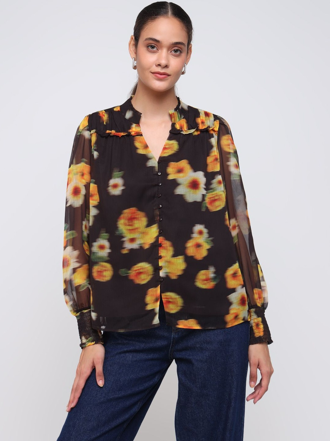 COVER STORY Women Floral Smocking Cuffed Sleeves Regular Top