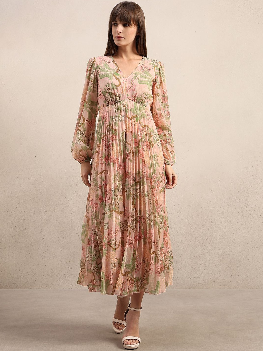 Vero Moda VM Ruby LS Women Floral Print Puff Sleeve Fit And Flare Midi Dress