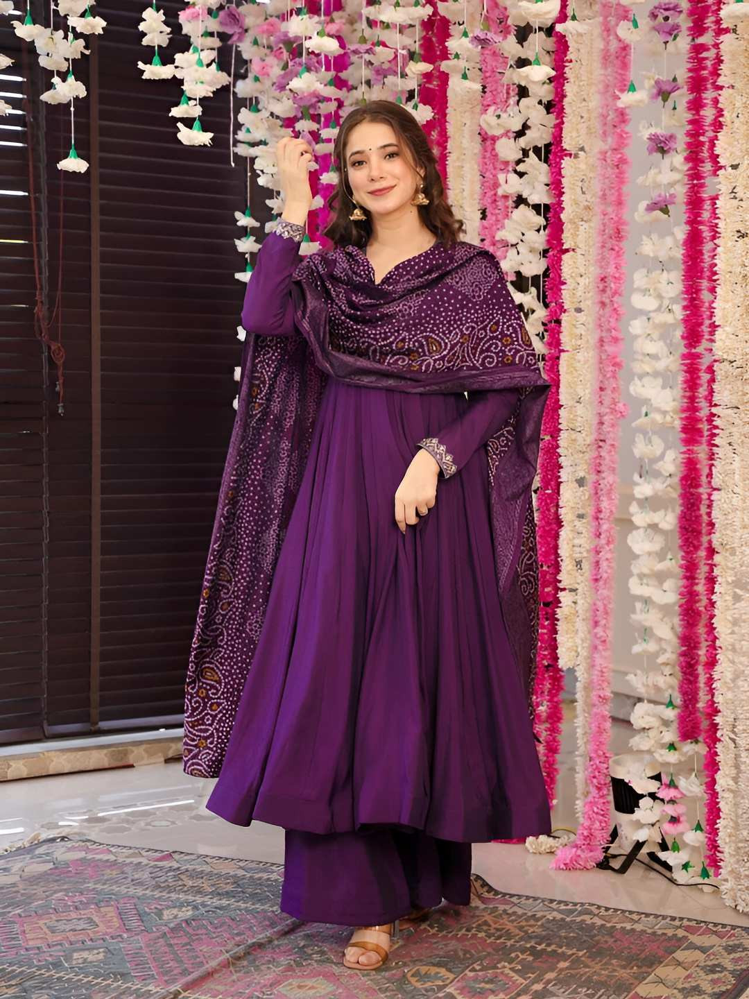 Happy Design V-Neck Thread Work Chanderi Silk Anarkali Kurta With Palazzos & Dupatta