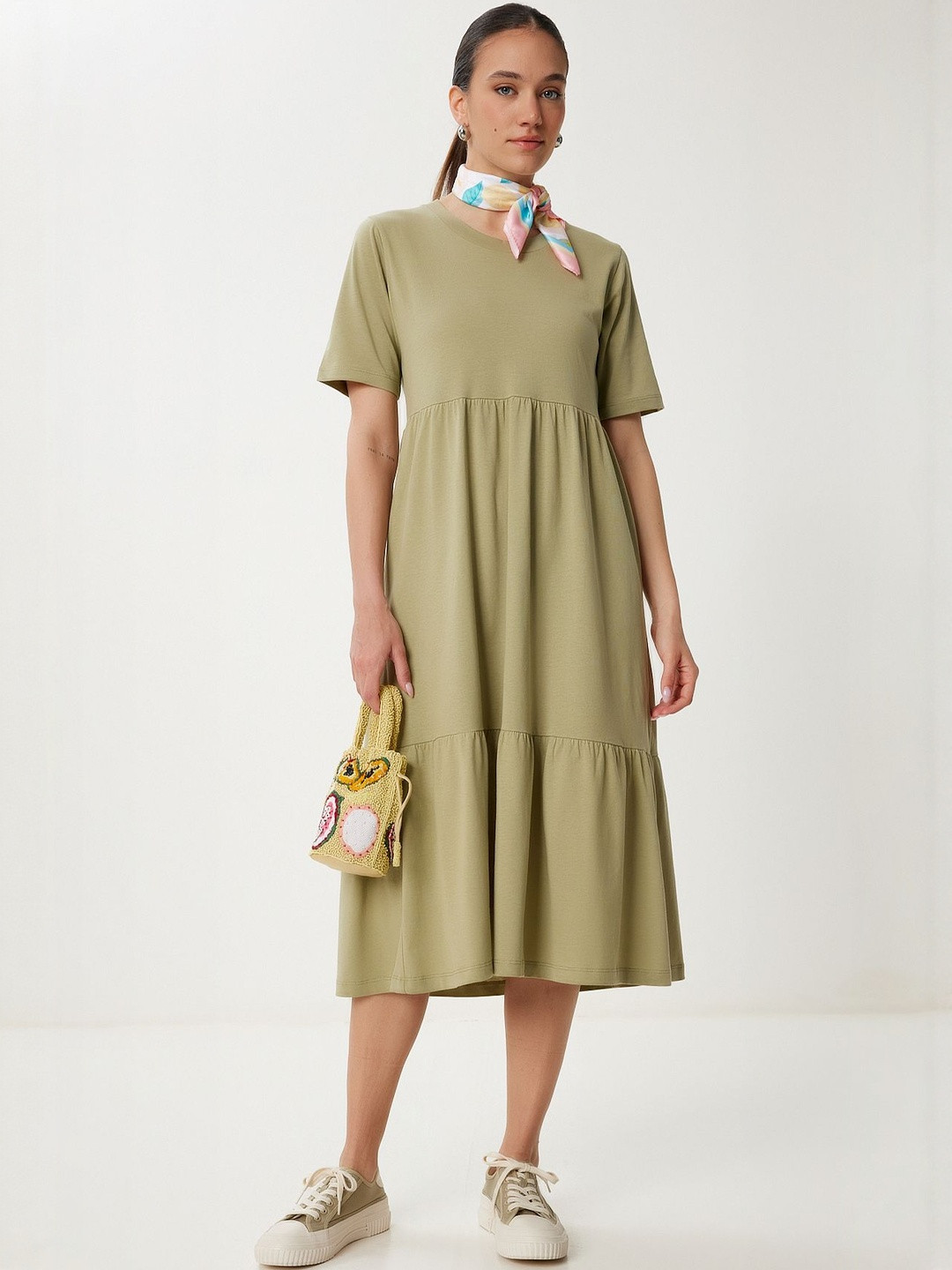 Happiness istanbul Haki Women Pure Cotton Tiered Fit and Flare Midi Dress