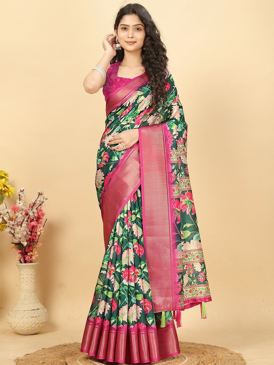 J 6 DESIGNER Floral Printed Woven Design Border Block Print Saree With Blouse Piece