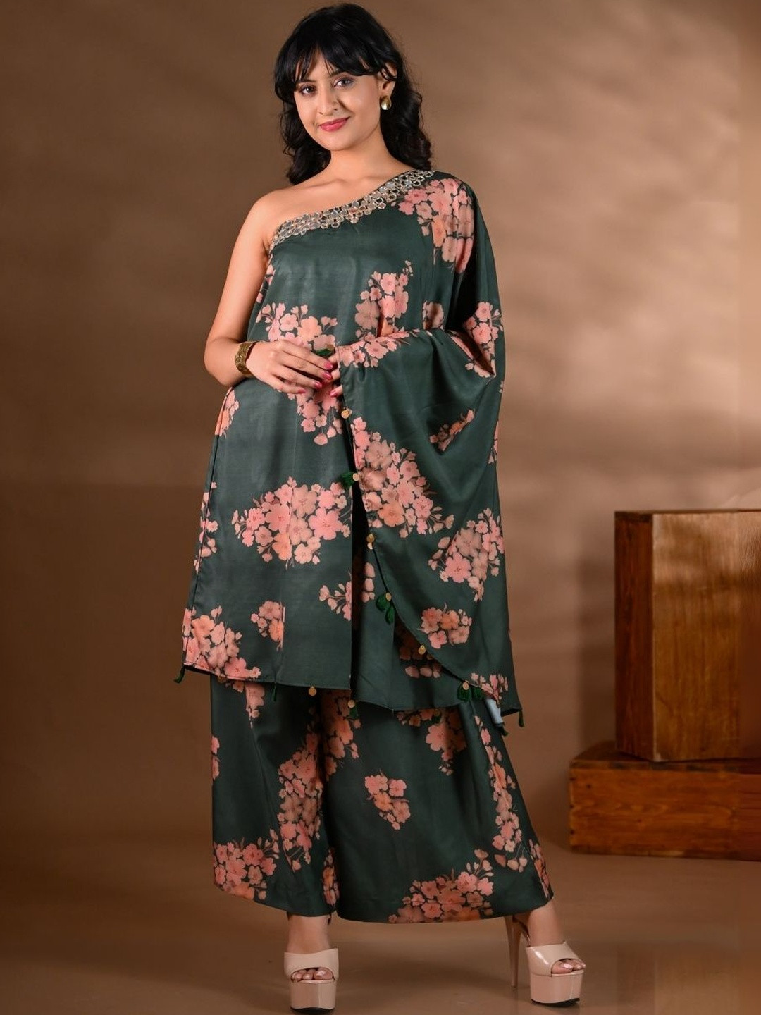 SHOP GULMOHAR Floral Printed One Shoulder Mirror Work Kaftan Kurta With Trouser