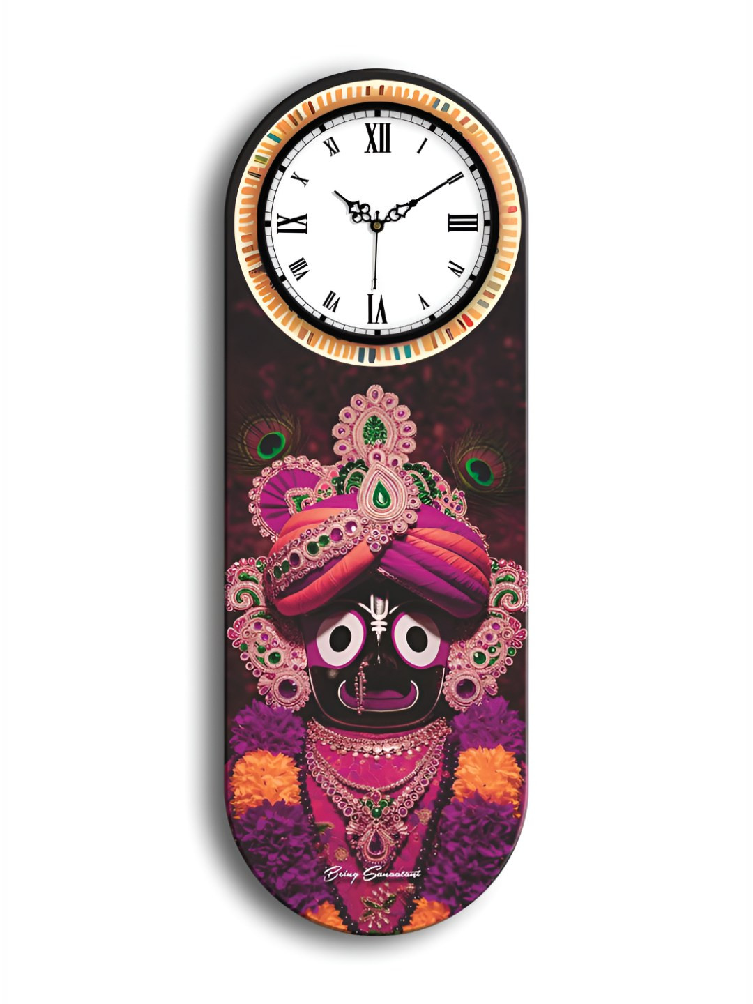OLIVE TREE Pink & Purple Lord Krishna Printed Wooden Rectangle Shaped Wall Clock