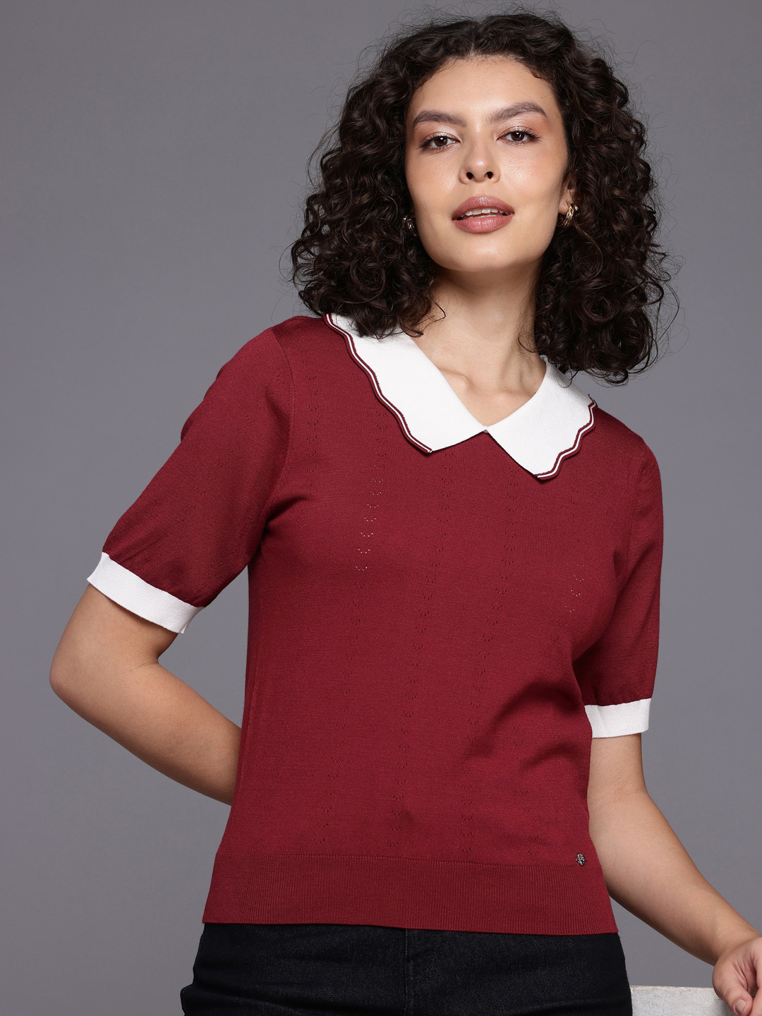 Allen Solly Woman Peter Pan Collar Self Design Casual Top