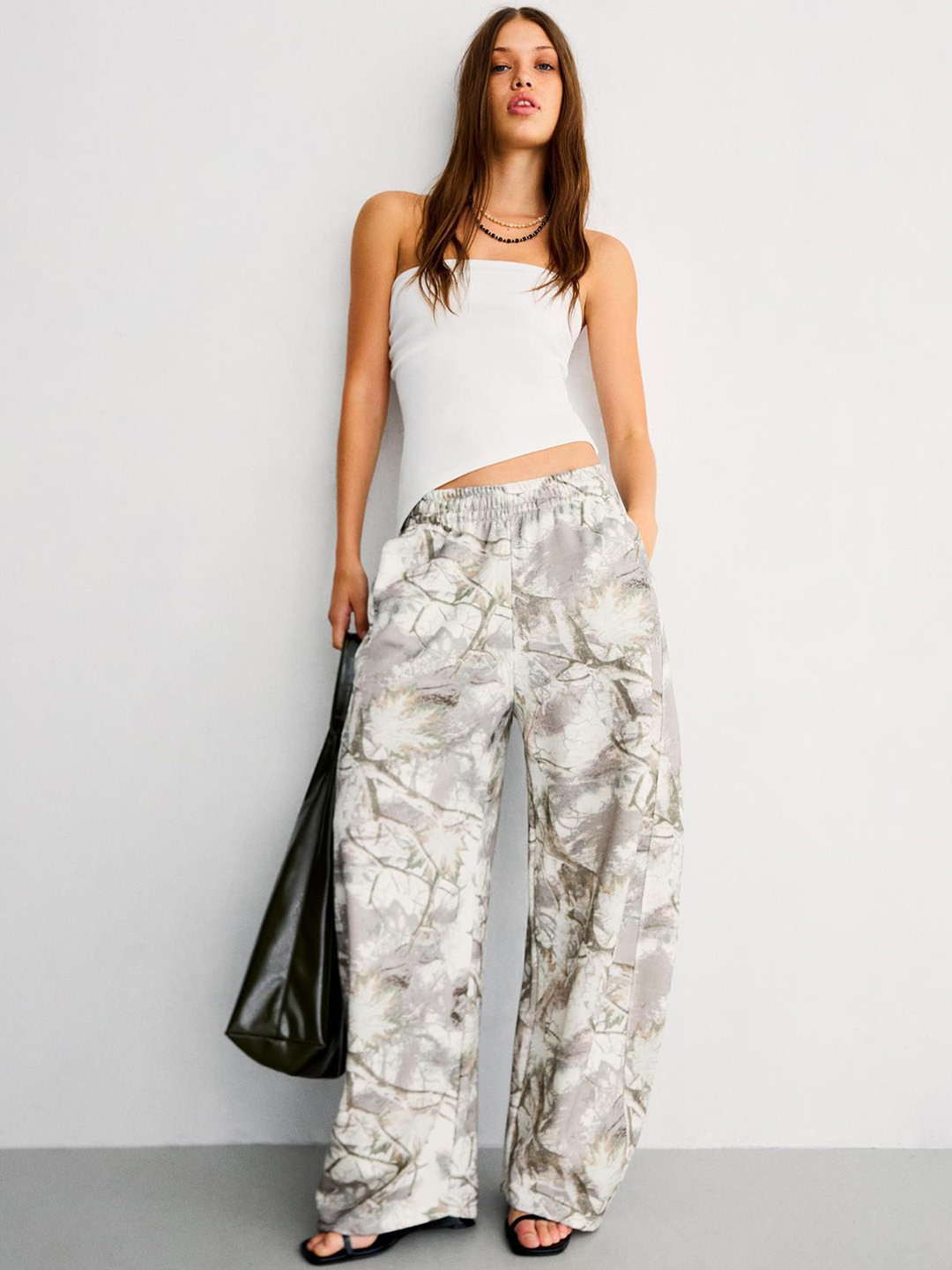 Bershka Plush Barrel Printed Cotton Trousers