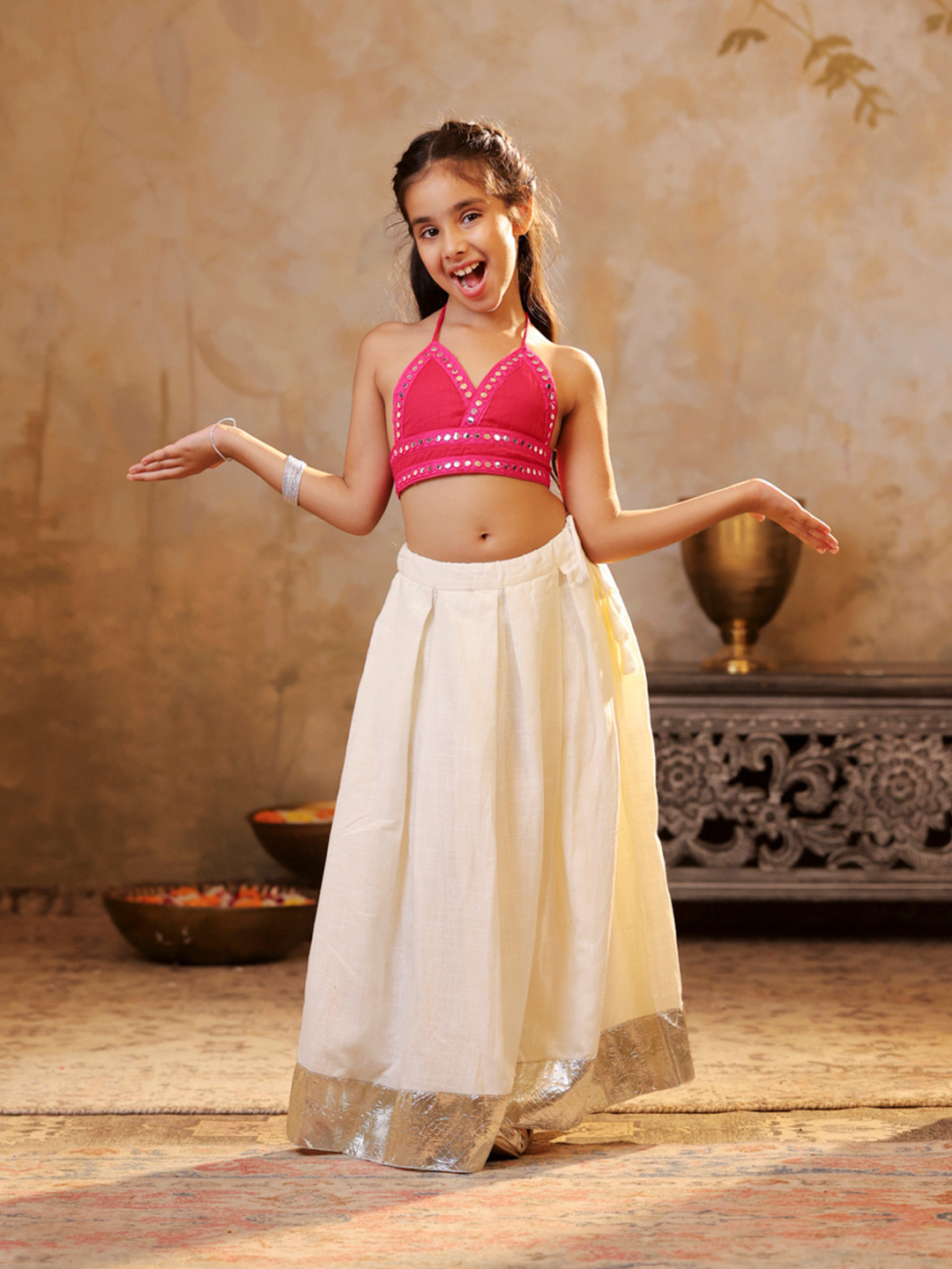 SHORGUL Girls Embellished Mirror Work Ready to Wear Lehenga & Blouse