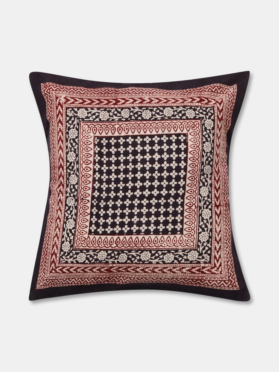 Fabindia Anika Bagh Red & Black Ethnic Motifs Printed Cotton Square Cushion Cover
