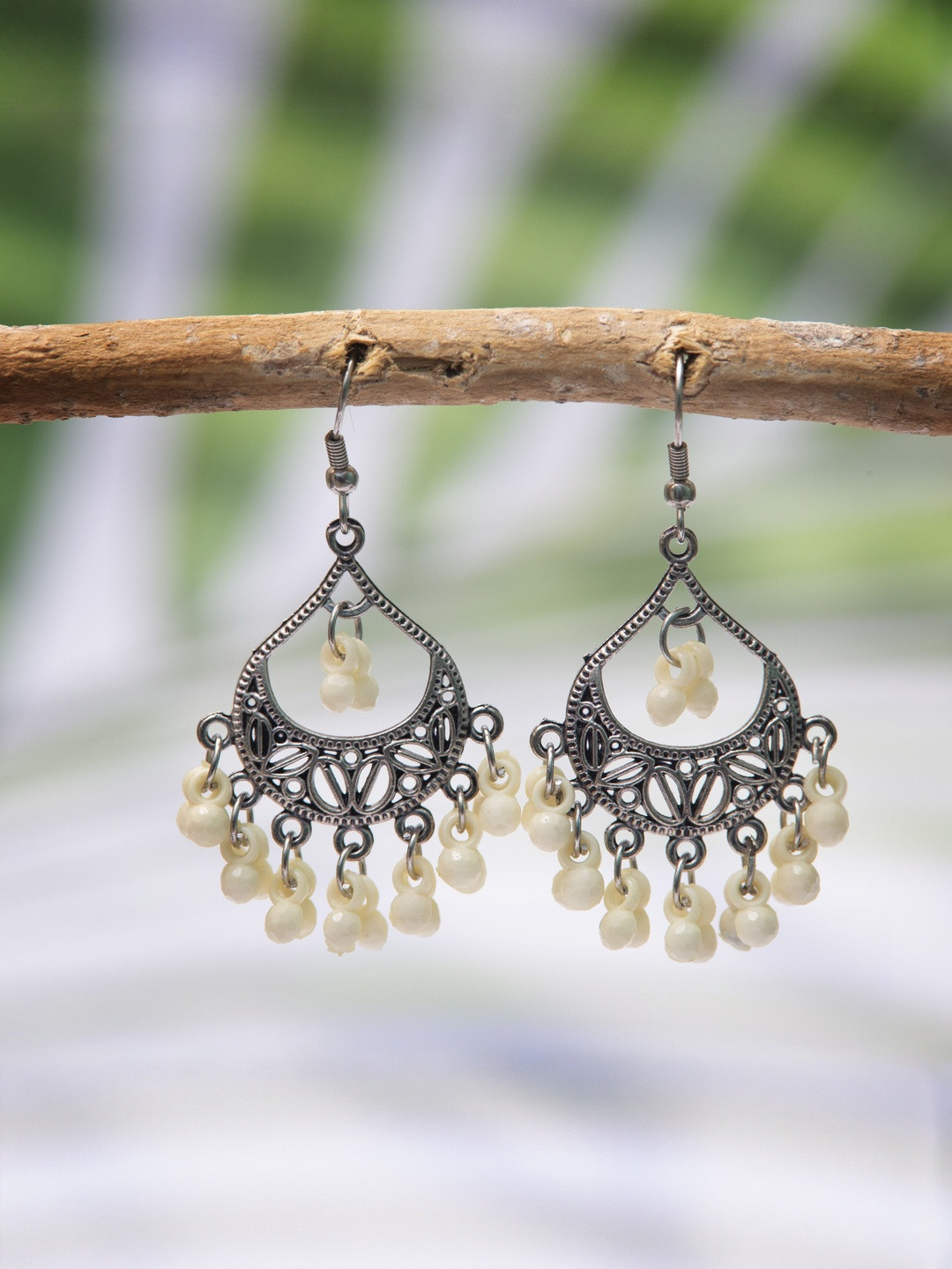 Creative Frogs Oxidized Silver-Plated Cream Beads Chandbali Earrings