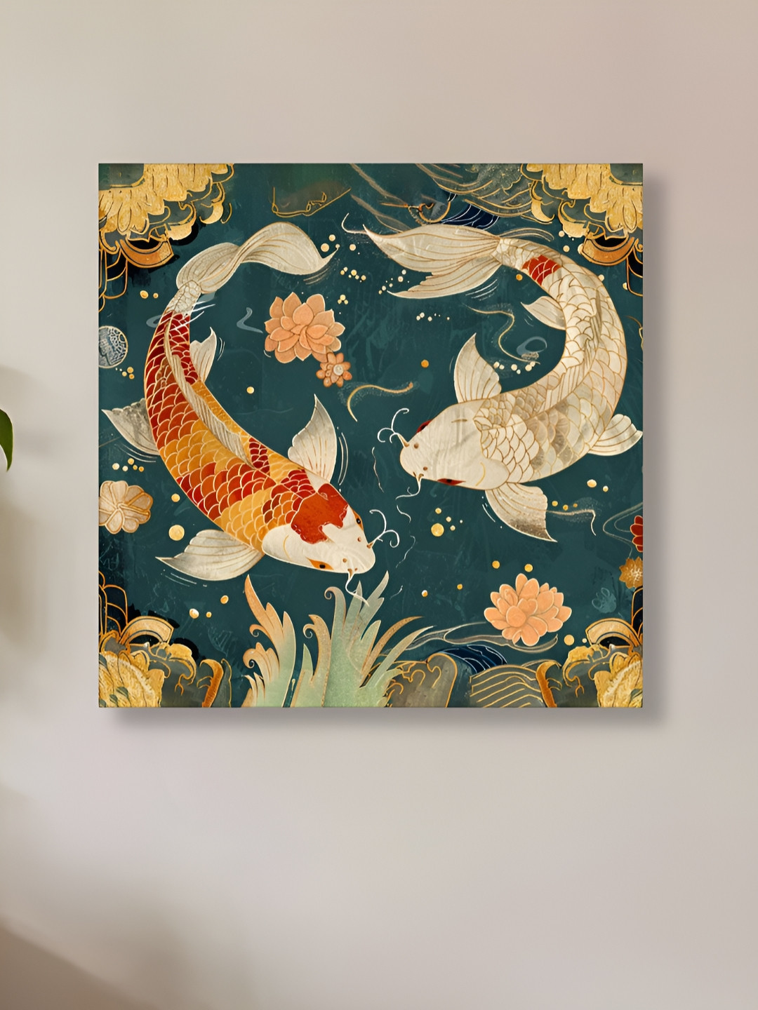 Myntra Elegant Homes Blue & Beige Single Piece Canvas Asian Koi Fish Wall Paintings