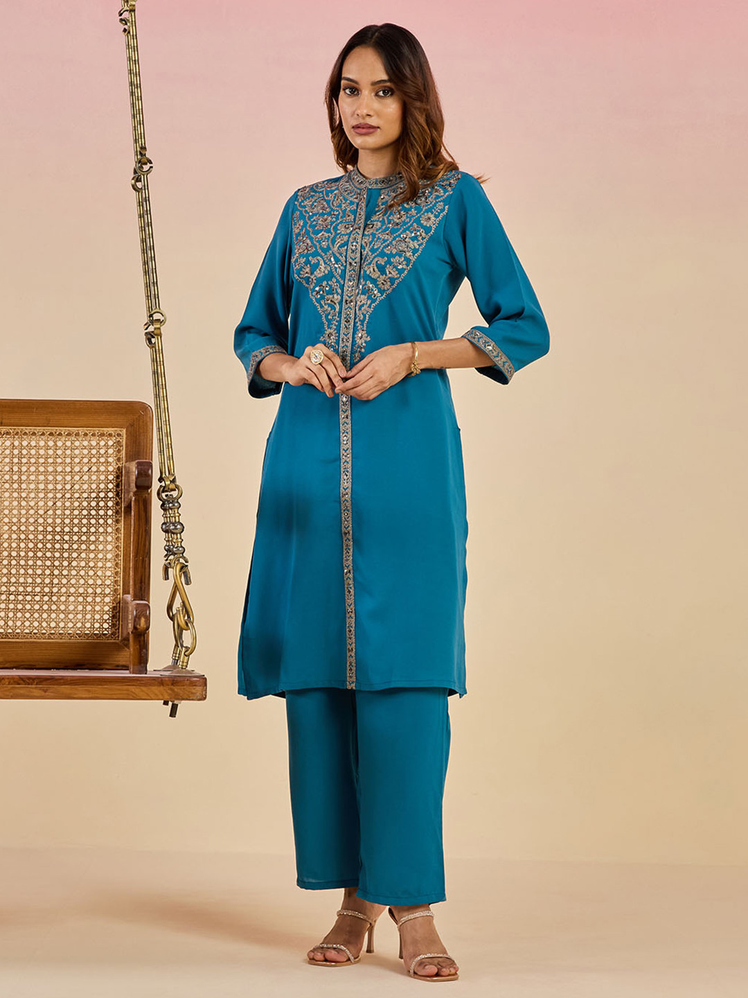 Lakshita Women Teal Poly Crepe Kurta Sets
