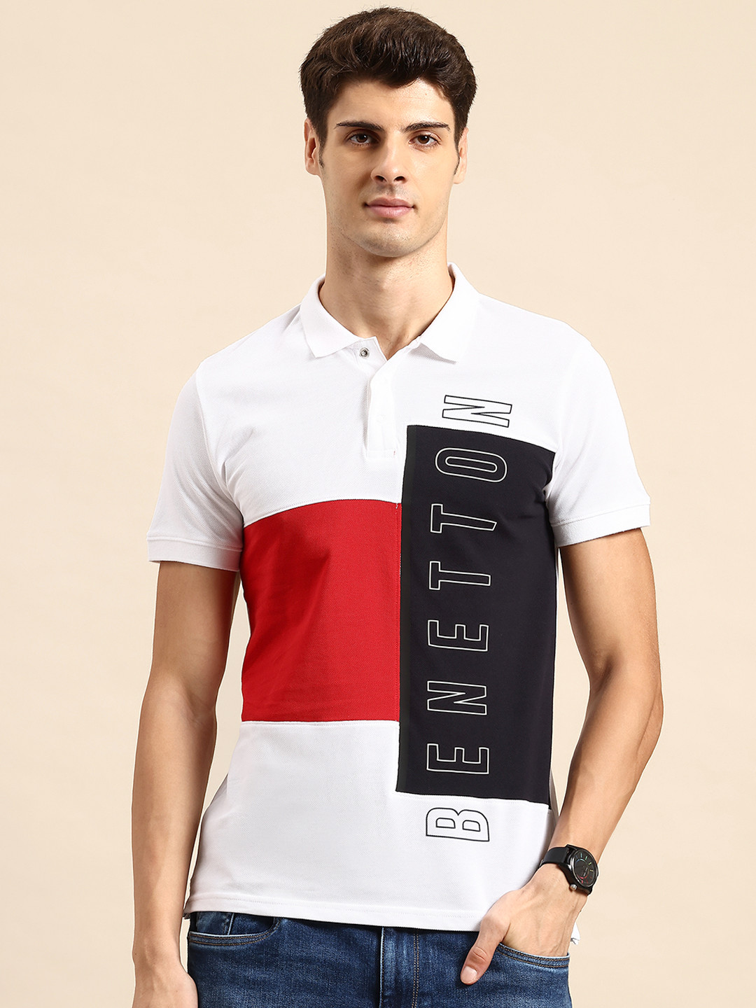 United Colors of Benetton Brand Logo Colourblocked Polo Collar Pure Cotton T-shirt