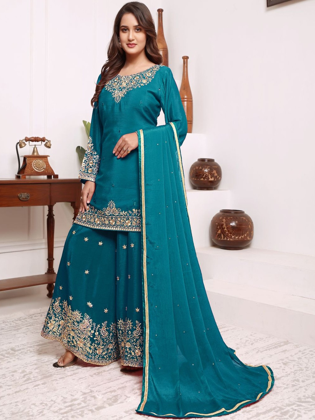 LAZORI FASHION Women Ethnic Motifs Embroidered Kurta with Sharara & Dupatta