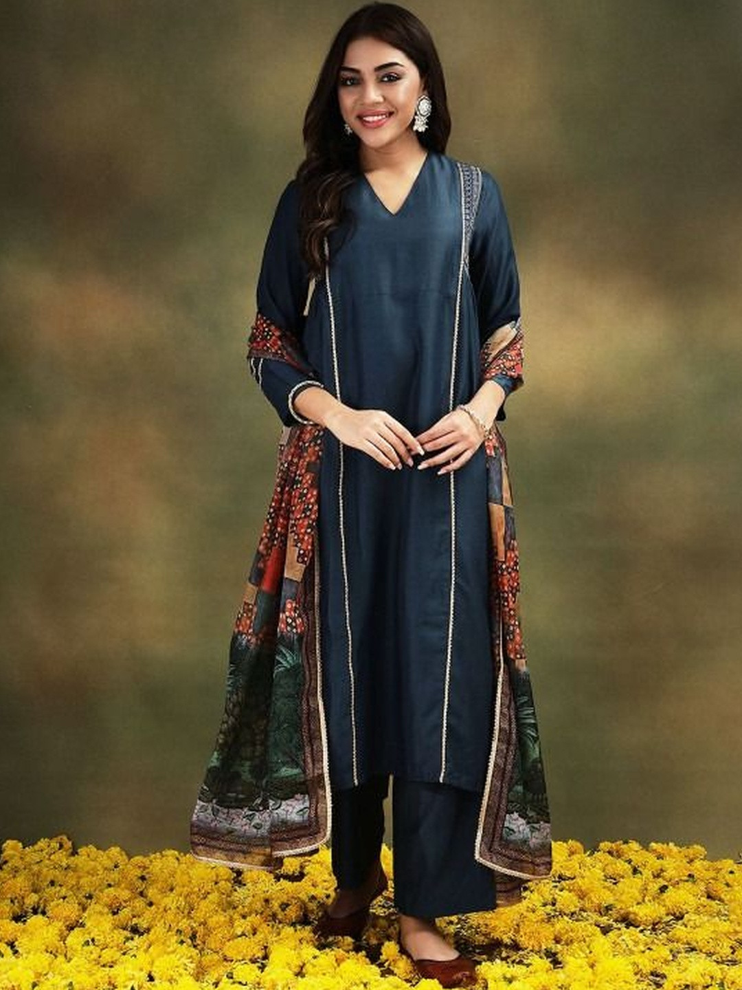 Stylefables Ethnic Motifs Embroidered Empire A-Line Kurta With Trousers & Dupatta
