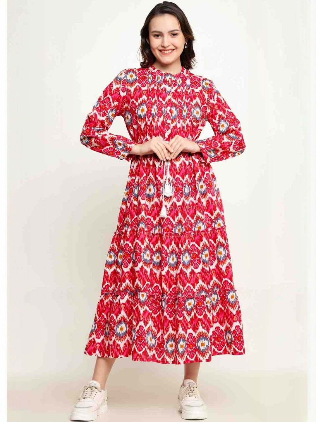 Mollar Women Geometric Printed Lace-Up Full Sleeve Cotton A-Line Midi Dress